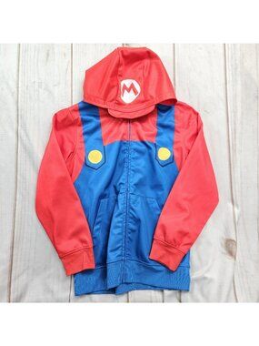 NINTENDO SUPER MARIO Boys Medium Hooded Full Zip Hoodie Pockets Red Blue Costume